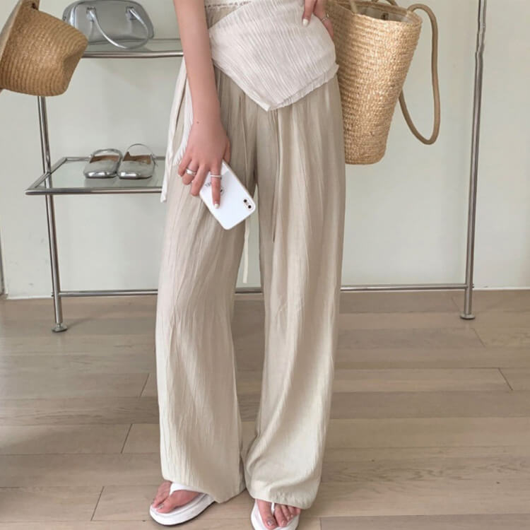 てろんと感 ギャザーしわ加工 ハイウエスト ワイドパンツ