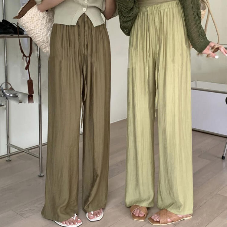 てろんと感 ギャザーしわ加工 ハイウエスト ワイドパンツ