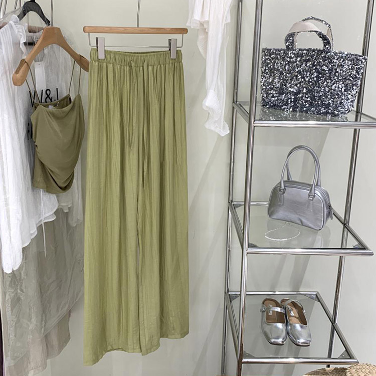 てろんと感 ギャザーしわ加工 ハイウエスト ワイドパンツ