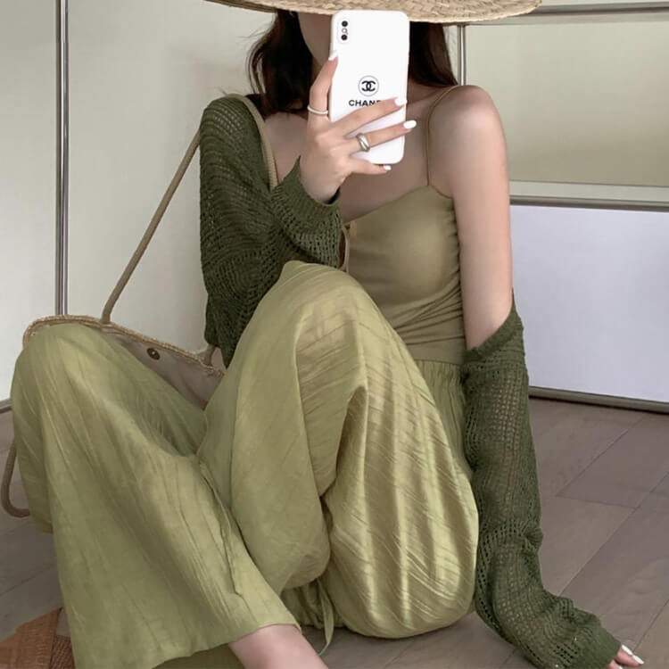 てろんと感 ギャザーしわ加工 ハイウエスト ワイドパンツ