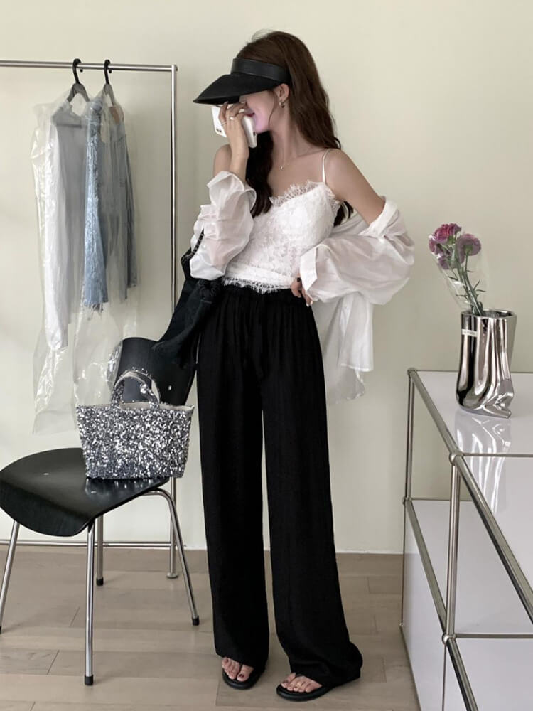 てろんと感 ギャザーしわ加工 ハイウエスト ワイドパンツ