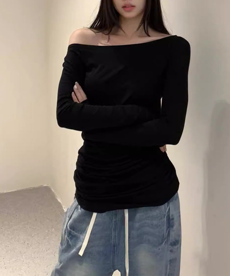 アシンメトリーギャザー シャーリング 長袖 Tシャツ