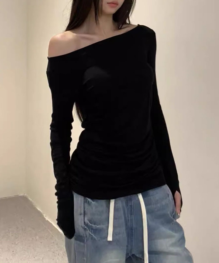 アシンメトリーギャザー シャーリング 長袖 Tシャツ