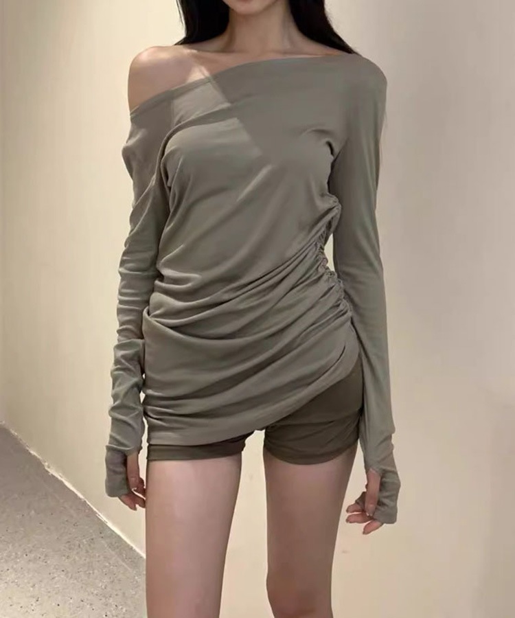 アシンメトリーギャザー シャーリング 長袖 Tシャツ