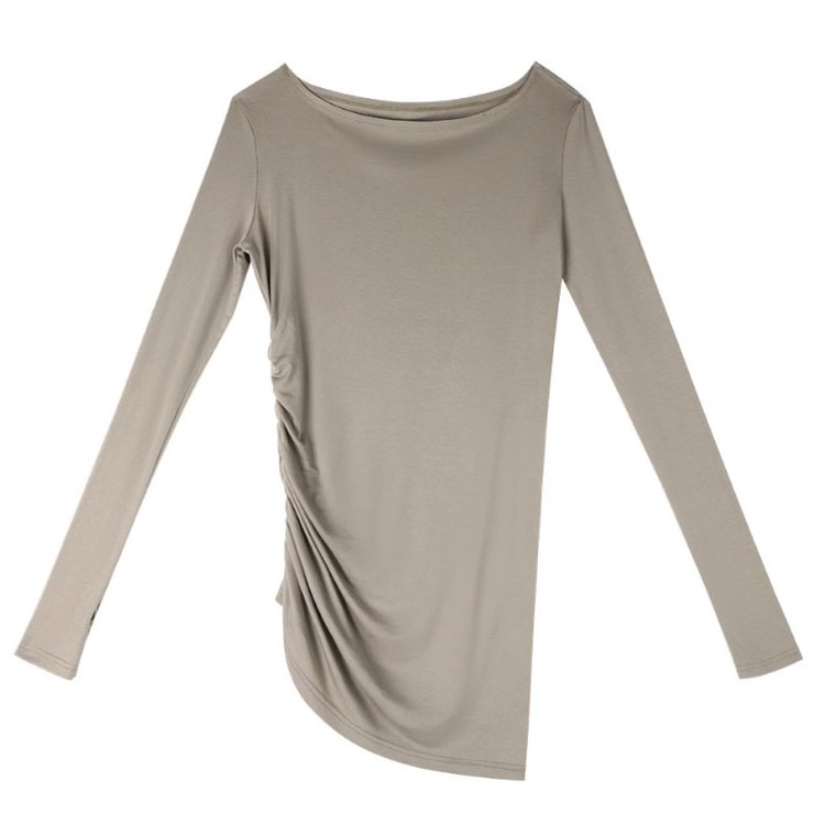 アシンメトリーギャザー シャーリング 長袖 Tシャツ