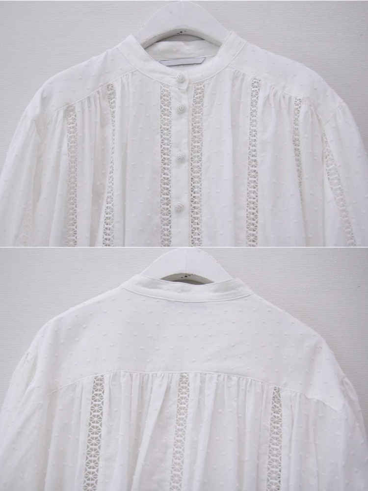 ノーカラー 透かしレース 長袖ブラウス