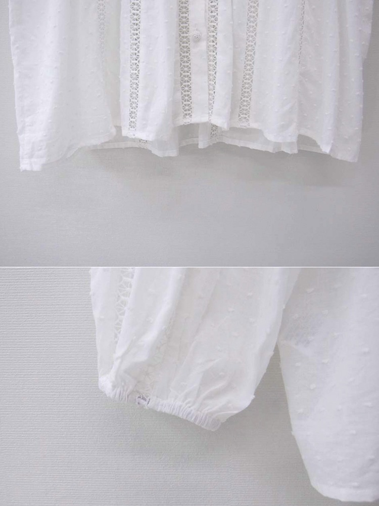 ノーカラー 透かしレース 長袖ブラウス