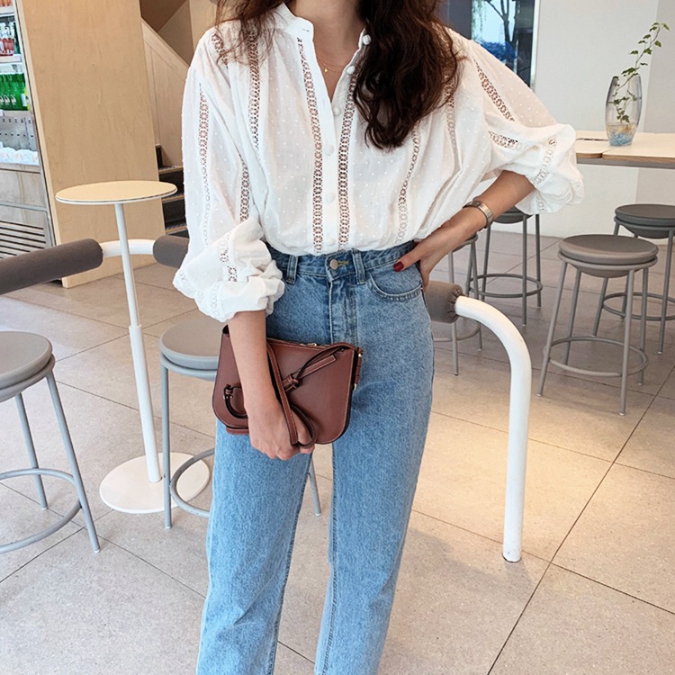 ノーカラー 透かしレース 長袖ブラウス