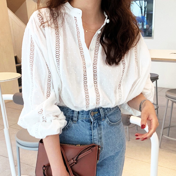 ノーカラー 透かしレース 長袖ブラウス