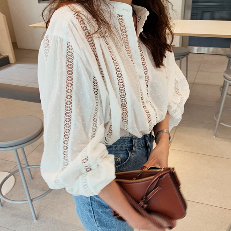 ノーカラー 透かしレース 長袖ブラウス