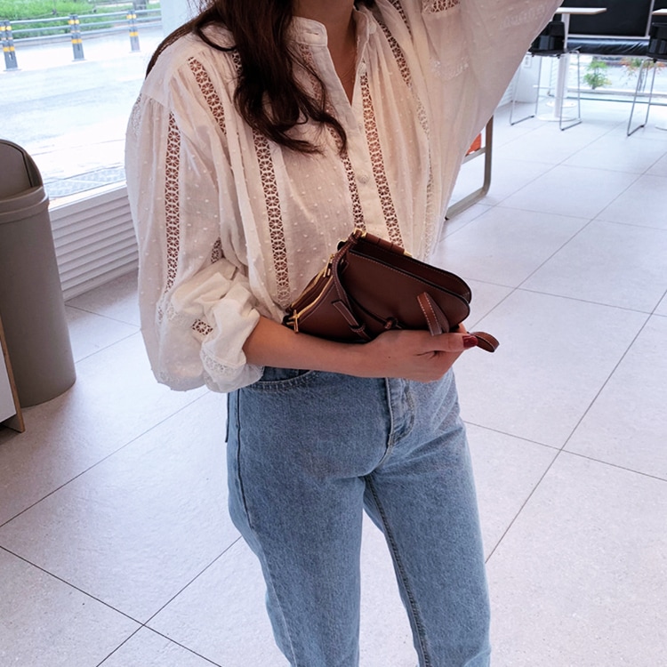 ノーカラー 透かしレース 長袖ブラウス