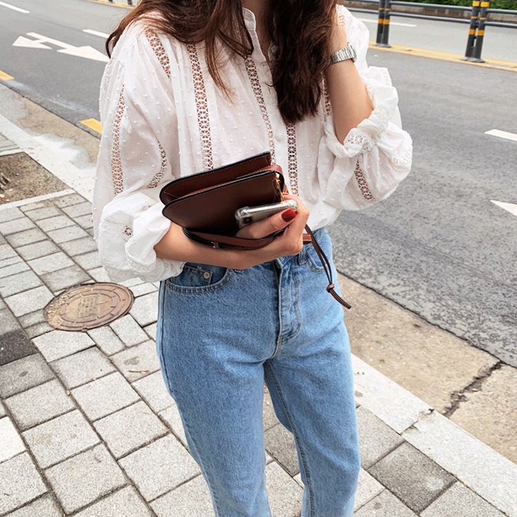 ノーカラー 透かしレース 長袖ブラウス