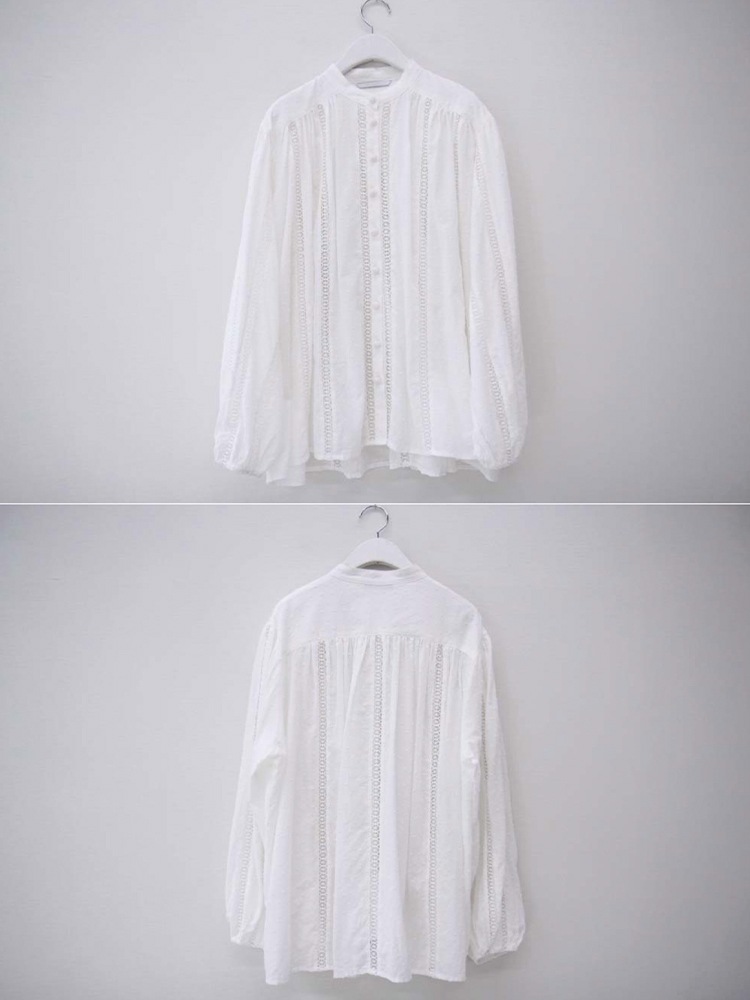 ノーカラー 透かしレース 長袖ブラウス