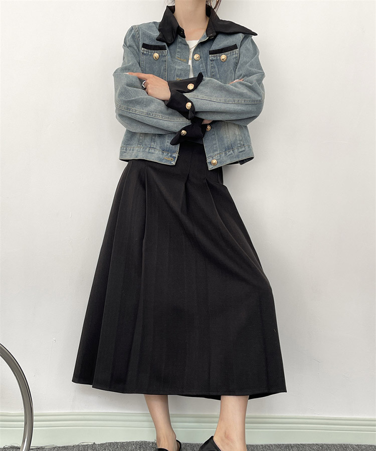 異素材ミックス エレガント 襟付き デニムジャケット