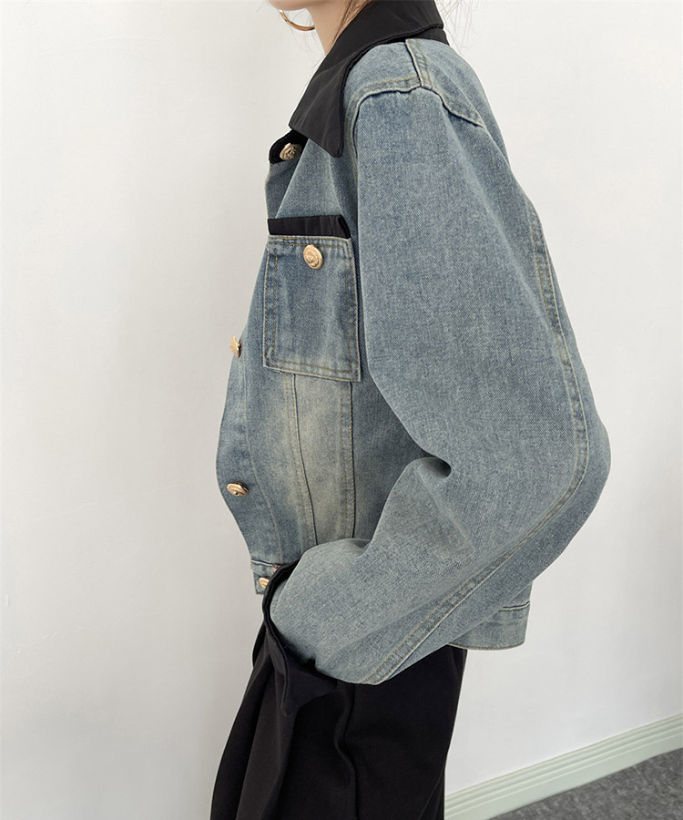 異素材ミックス エレガント 襟付き デニムジャケット