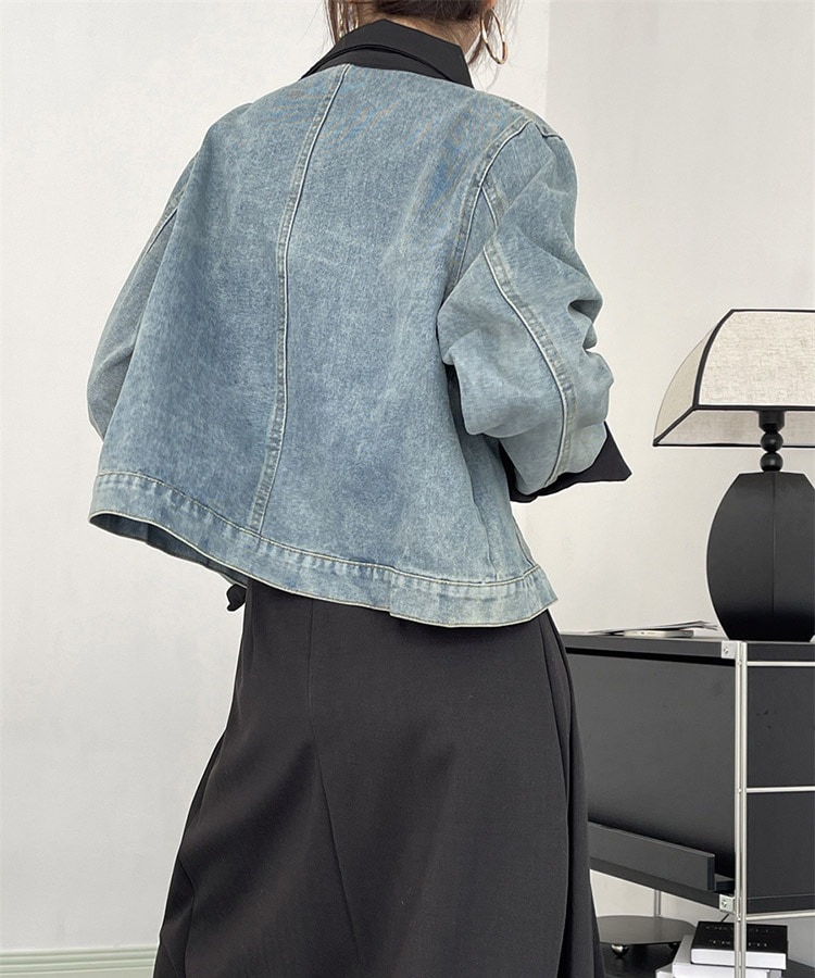 異素材ミックス エレガント 襟付き デニムジャケット