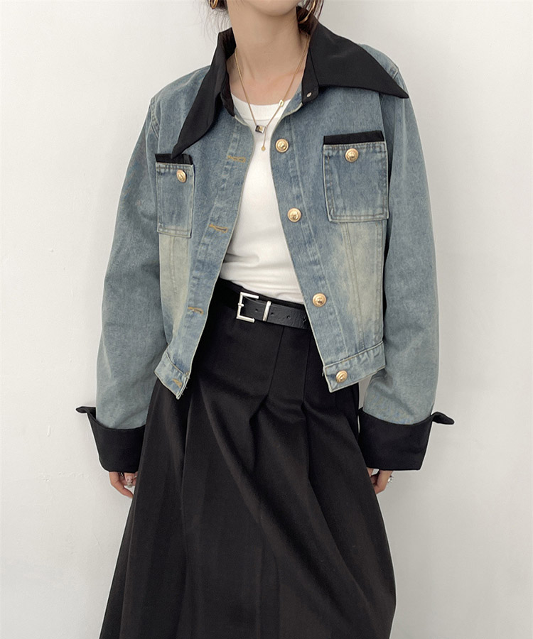 異素材ミックス エレガント 襟付き デニムジャケット