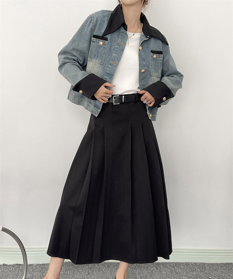 異素材ミックス エレガント 襟付き デニムジャケット