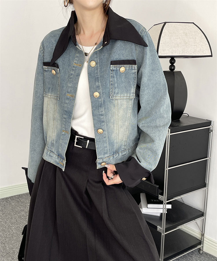 異素材ミックス エレガント 襟付き デニムジャケット