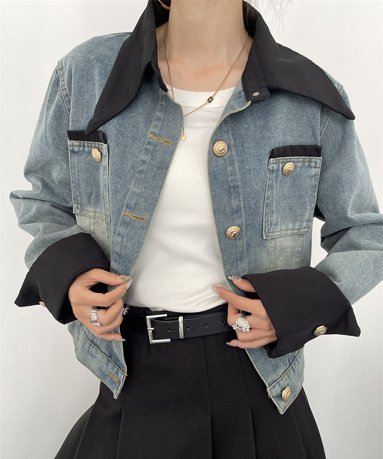 異素材ミックス エレガント 襟付き デニムジャケット