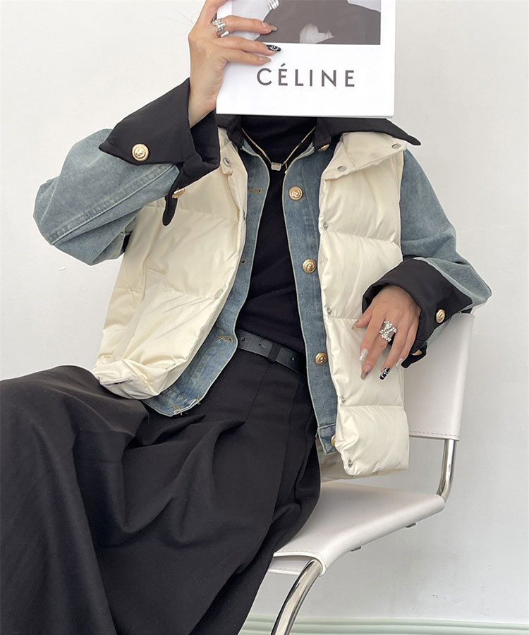 異素材ミックス エレガント 襟付き デニムジャケット