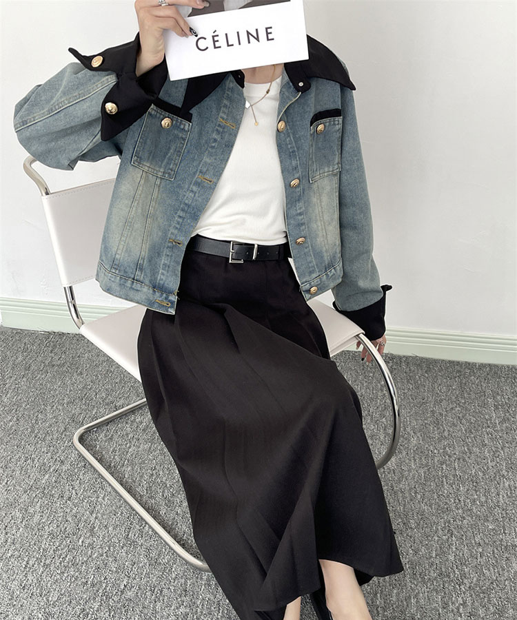 異素材ミックス エレガント 襟付き デニムジャケット