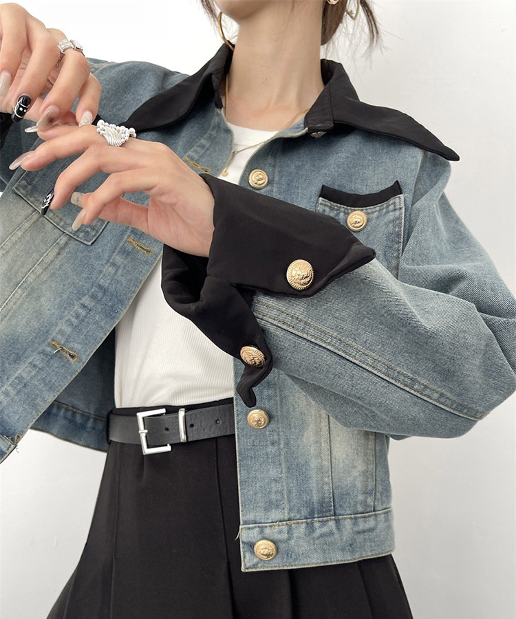 異素材ミックス エレガント 襟付き デニムジャケット