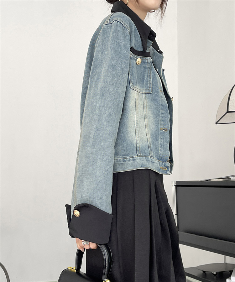 異素材ミックス エレガント 襟付き デニムジャケット