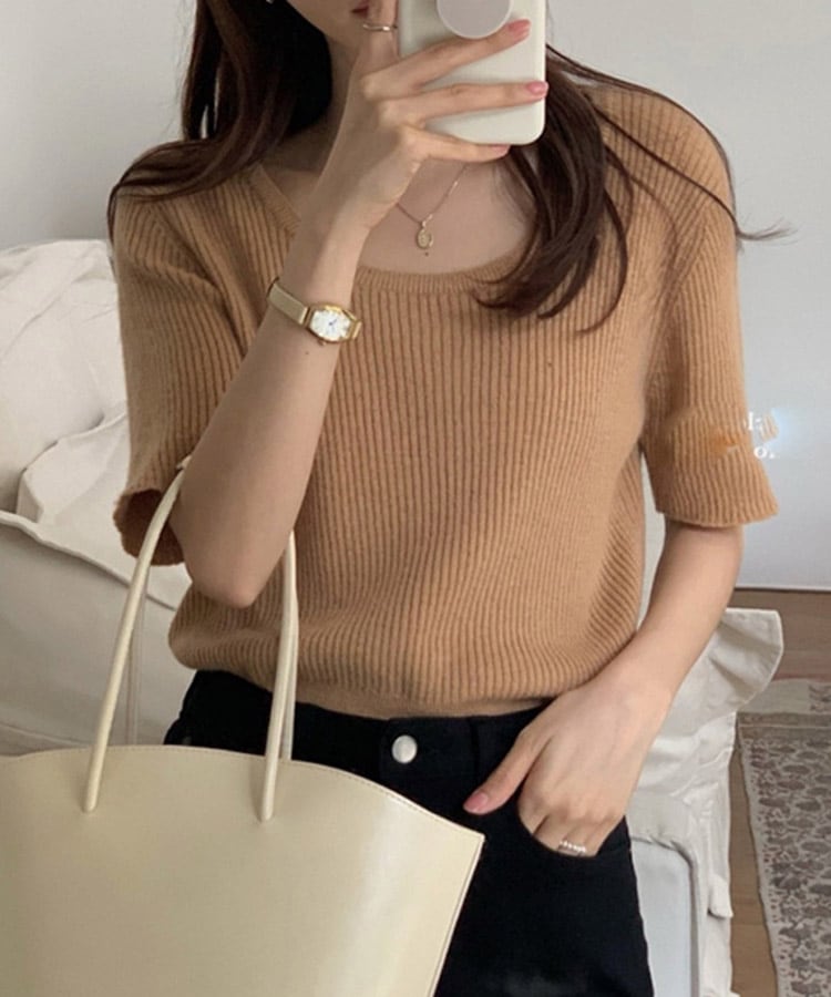 ラウンドネック リブニット 半袖 Ｔシャツ