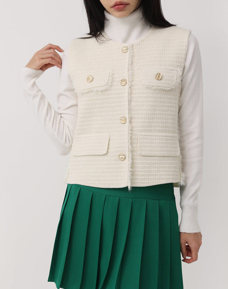 ラメニット フリンジ ゴールドボタン ベスト 韓国ゴルフウェア