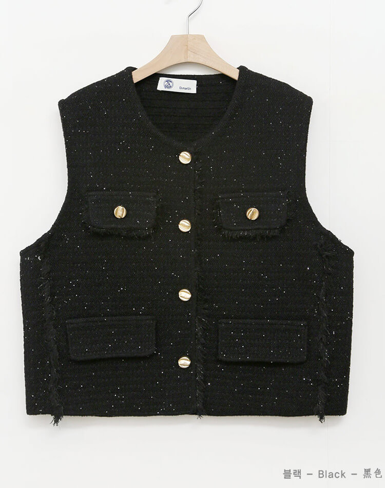 ラメニット フリンジ ゴールドボタン ベスト 韓国ゴルフウェア