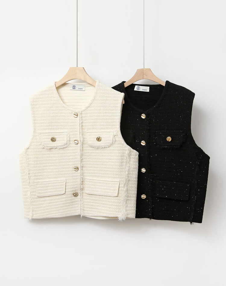 ラメニット フリンジ ゴールドボタン ベスト 韓国ゴルフウェア