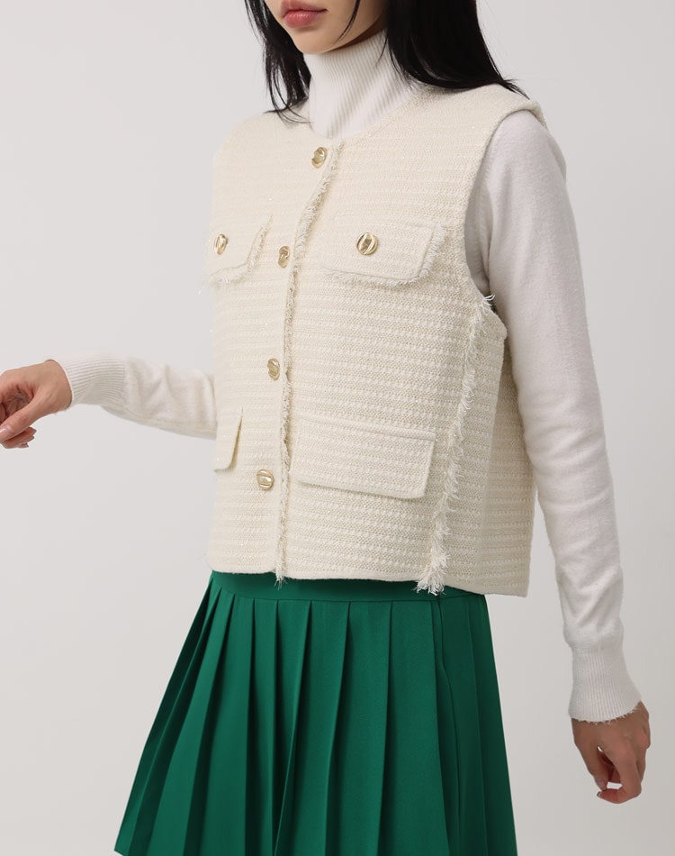 ラメニット フリンジ ゴールドボタン ベスト 韓国ゴルフウェア