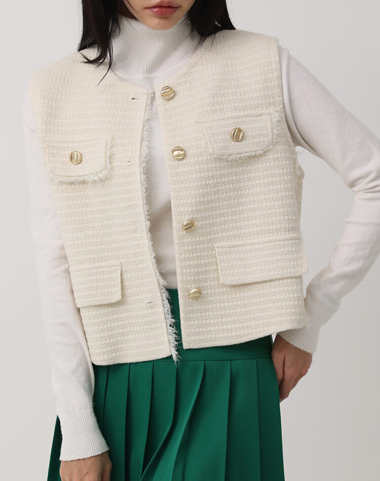 ラメニット フリンジ ゴールドボタン ベスト 韓国ゴルフウェア