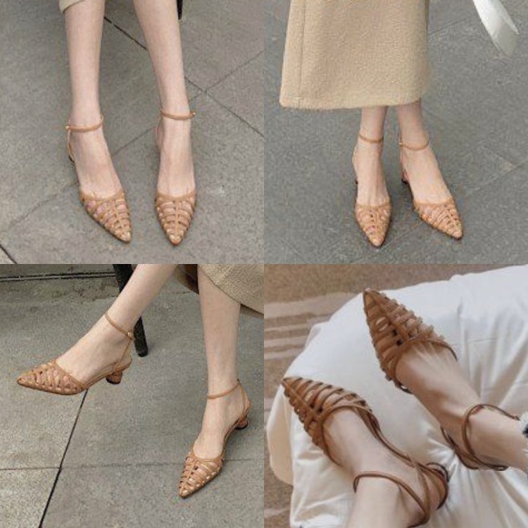 ポインテッドトゥ ローヒール シースルー ストラップサンダル