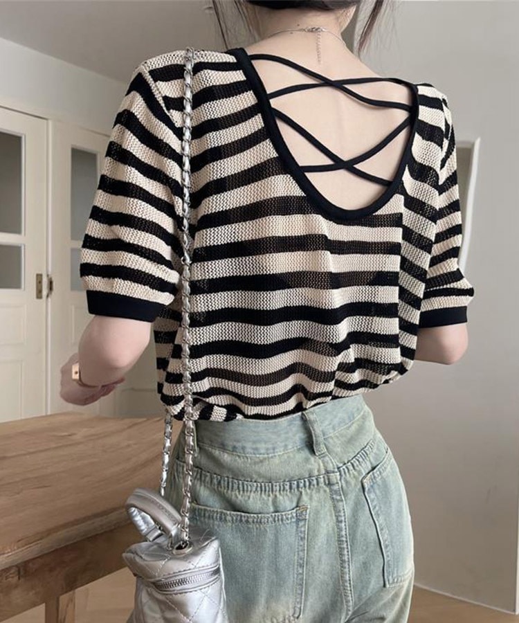 メッシュ 半袖 シャツ ストライプ サマーニット 韓国 夏 cra303 5分袖 メッシュ サマーニット Tシャツ | レディース