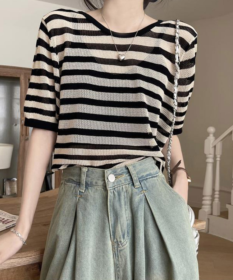 メッシュ 半袖 シャツ ストライプ サマーニット 韓国 夏 cra303 5分袖 メッシュ サマーニット Tシャツ | レディース