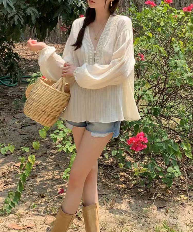 ゆったり 長袖 パフスリーブ エスニック ブラウス

