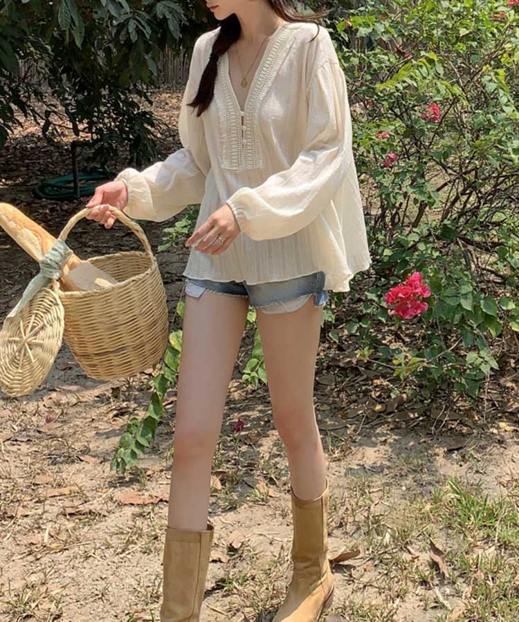 ゆったり 長袖 パフスリーブ エスニック ブラウス

