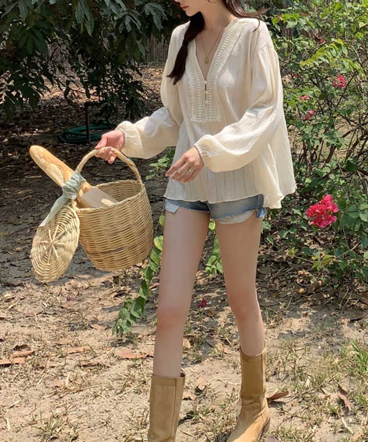 ゆったり 長袖 パフスリーブ エスニック ブラウス

