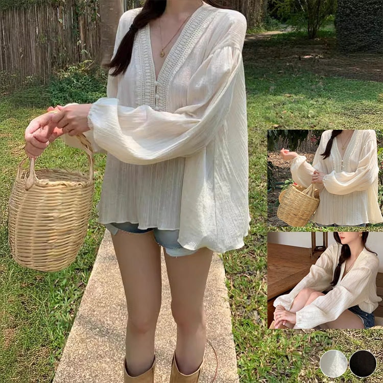 ゆったり 長袖 パフスリーブ エスニック ブラウス

