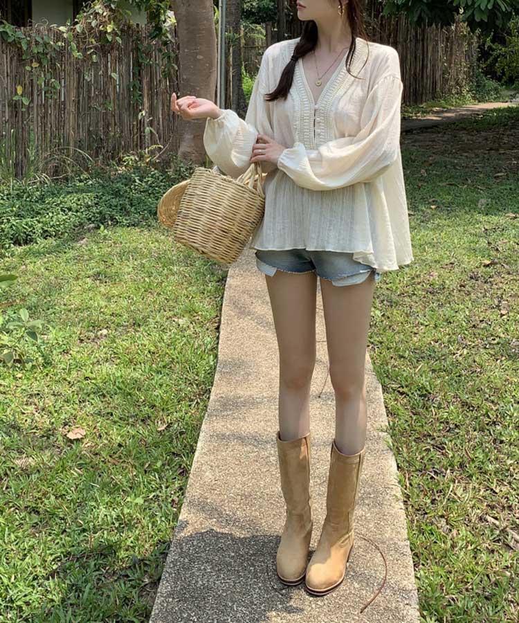 ゆったり 長袖 パフスリーブ エスニック ブラウス

