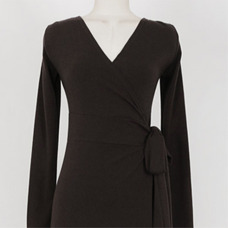 ウエストリボン 長袖 ラップ ロングワンピース