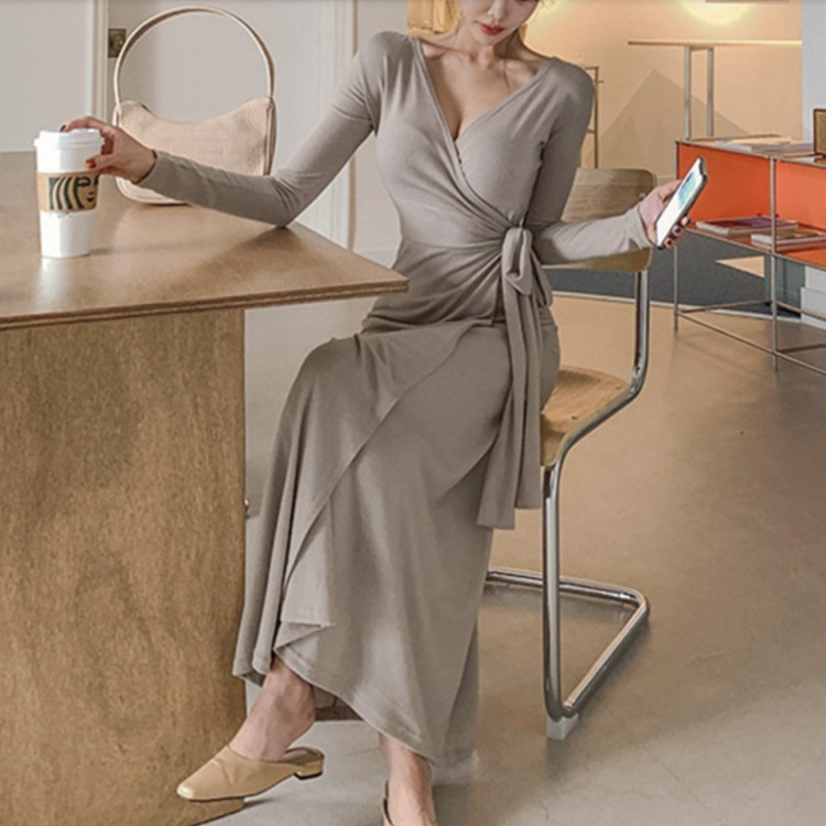 ウエストリボン 長袖 ラップ ロングワンピース