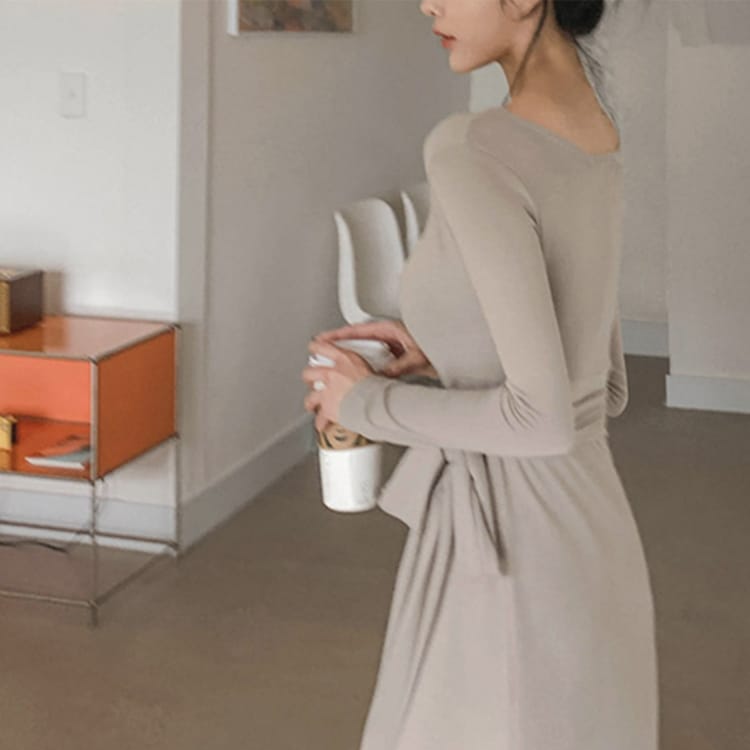 ウエストリボン 長袖 ラップ ロングワンピース