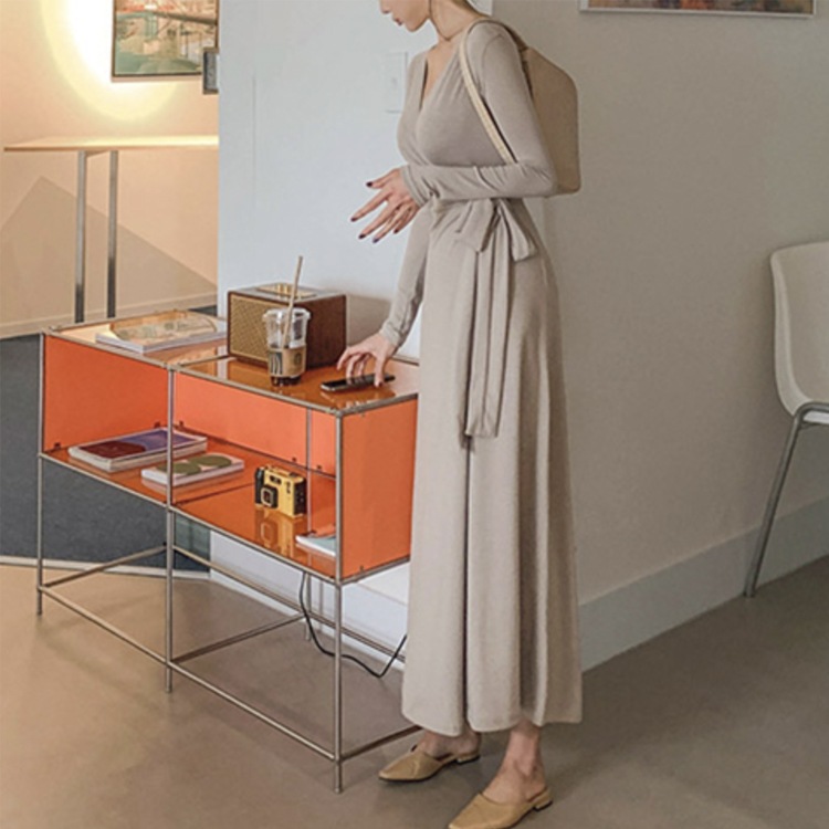 ウエストリボン 長袖 ラップ ロングワンピース