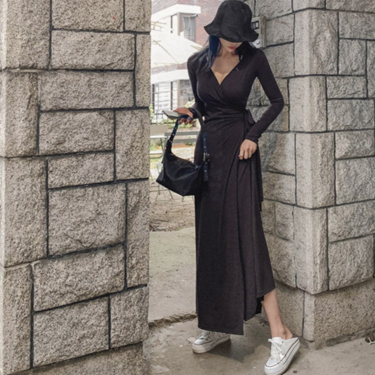 ウエストリボン 長袖 ラップ ロングワンピース