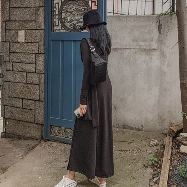 ウエストリボン 長袖 ラップ ロングワンピース