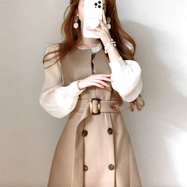 トレンチコート風 ノースリーブ ミモレ丈 ワンピース