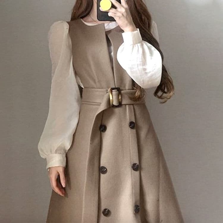 トレンチコート風 ノースリーブ ミモレ丈 ワンピース